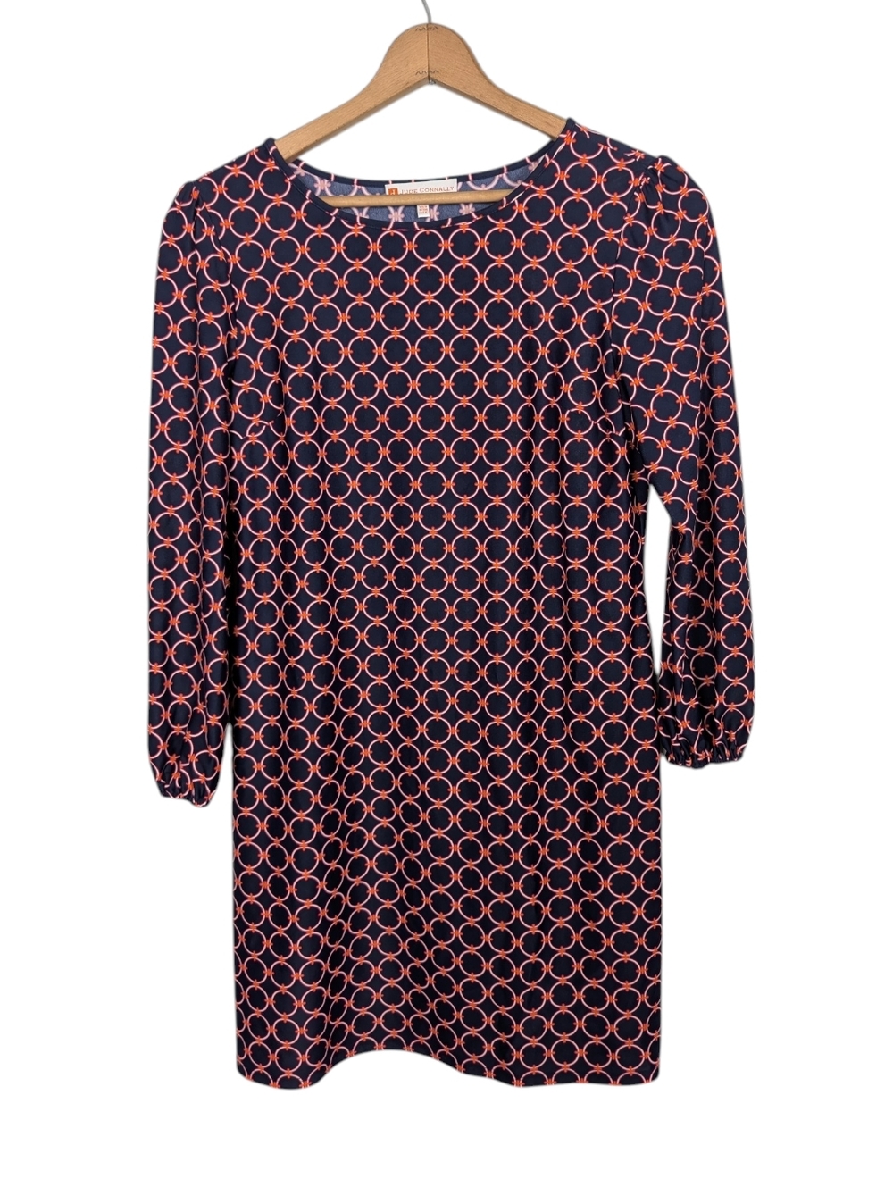 Jude Connally Geometric Geo Ring Print Navy Blue Pink Shift Dress Size Medium‎
